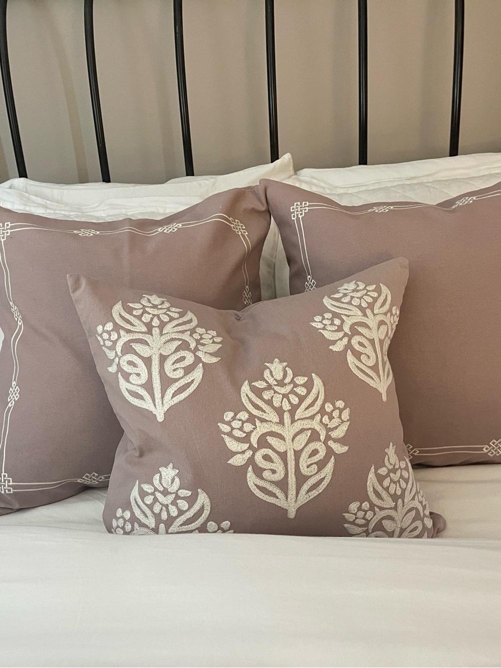 Pottery Barn Mauve Embroidered Accent Pillow Cover Set of 3